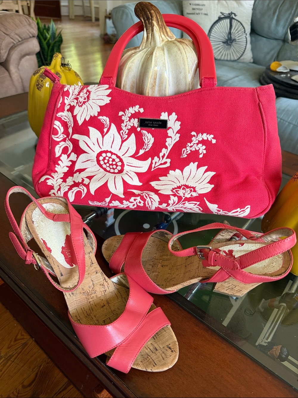 kate spade Coral Pink Floral Canvas Tote with Matching Anne Klein heels size 8